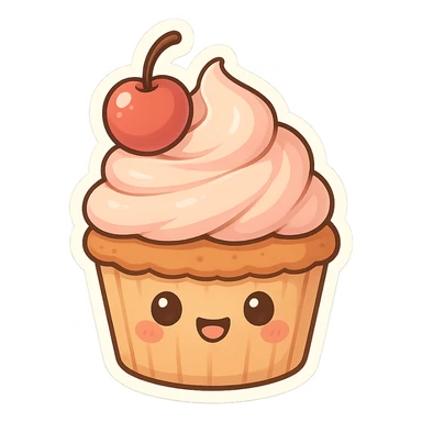 chibi sticker-style cupcake with a smiling face, cute and exaggerated sticker