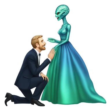 alien reptilian green skin woman, in long slim pastel blue formal party satin dress with gradient shiny sparkling navy blue diamonds embroidered , and caucasian man in black dres on his knees asks her to marry her sticker