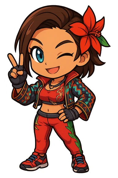 Azucena from Tekken 8 in chibi sticker style, making a victory pose with a V-sign, wearing the detailed red and patterned outfit from the reference images, designed for Twitch emote use. sticker