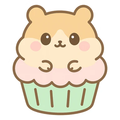 Create a kawaii style hamster cupcake inspired by the reference image. The cupcake should have a chubby face, pastel cream topping, and a soft, cute look with a matching pastel color palette. The hamster should be animal-looking from the front side. The background should be transparent. sticker