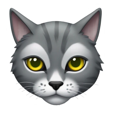 Tomcat with grey fur, white markings, yellow eyes wit green irises, black pupils, black bushy eyebrows and a black nose sticker