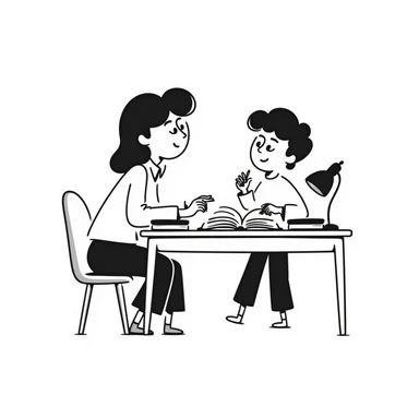 educator or speech therapist with child, who helps child with lessons sitting at the table sticker