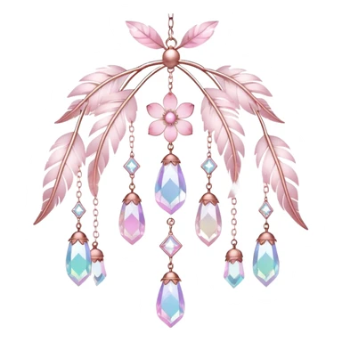 Hanging Iridescent pastel pink sakura crystals white-pearly suncatcher with bells and feathers CHANDELIER sticker