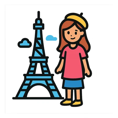 A girl standing near the Eiffel Tower sticker