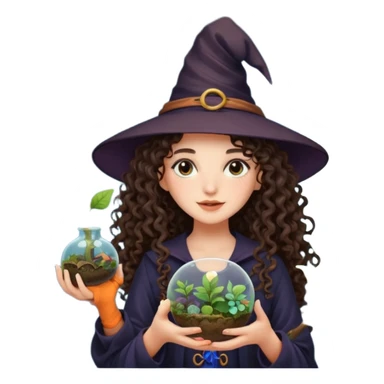 A long curly haired brunette girl with a moon, witch hat, holding a plant terrarium sticker