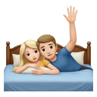 A bed with a girl laying down and a man putting his hand up. sticker