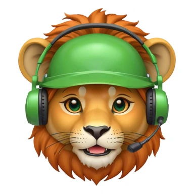 Head of Simple cute Lion wear helmet and call center headset in green and orange theme in 2d animate style sticker