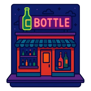 bottle shop, exterior view, neon sign, night scene, vibrant colors, cartoon style sticker