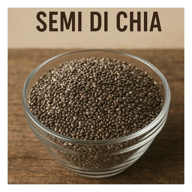 photo realistic chia seeds in a transparent bowl with the text 'semi di chia' in Italian sticker