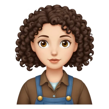 white girl with very curly dark brown hair, brown eyes, wearing farm clothes sticker