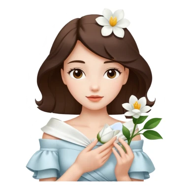 Pretty lady wearing a white silky off-the-shoulder folded neckline and holding a white flower on her right hand sticker