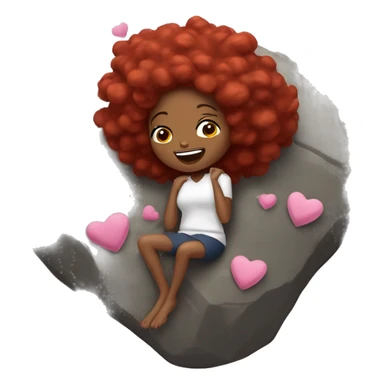 A black woman laying on her back on a rock, sick, red hair plats, butter flies around, pink hearts sticker