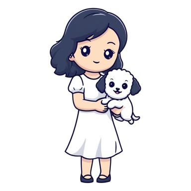 A beautiful girl with long black hair wearing a white dress holds a small white Bichon Frise in her arms sticker