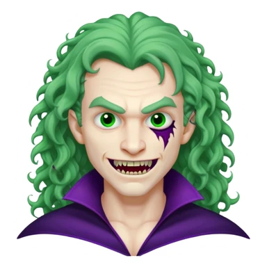 Vampire, long curly hair, male, fanged teeth, stitches with one side of face green and the other side purple, sticker