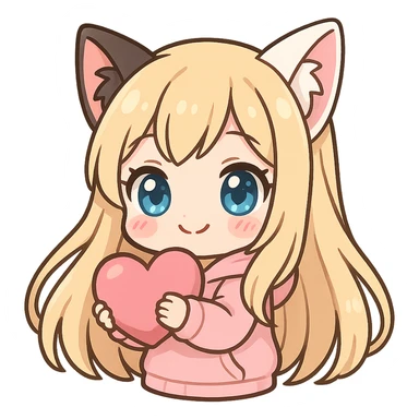 extra cute, extra chibi anime catgirl Twitch emote, one black cat ear and one white cat ear, blonde extremely long hair, blue eyes, white skin, pastel pink hoodie, hugging a heart, no background sticker