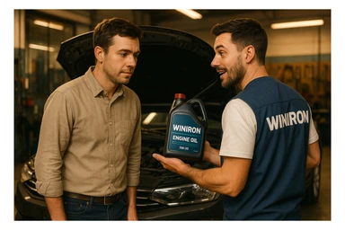 Create a realistic automotive workshop scene. Two men are standing next to a car with its hood open. One man is a customer listening attentively. The other man is a Winiron employee wearing a white T-shirt and a blue vest with a “WINIRON” logo on the back. The Winiron employee is holding and recommending a Winiron engine oil canister. Background shows a workshop interior with tools, soft warm lighting, realistic reflections on the car body. Cinematic, detailed, 8K hyper-realistic, professional commercial photography style. sticker