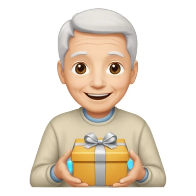 Una persona mayor recibiendo un regalo plateado. Se muestra sonriente y alegre los ojos llorando de felicidad se ve rejuvenecido sticker