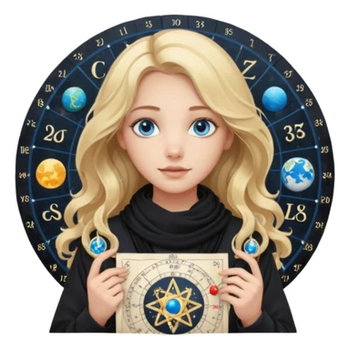 A long wavy haired blonde girl with blue eyes, wearing black, with a scarf on, holding astrology natal chart paper   sticker