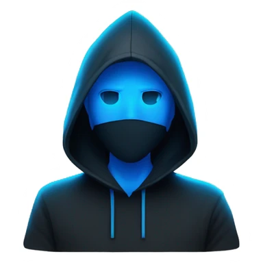 Man developer behind his laptop with this style : Alan Walker Singer neon glowing bright blue character blue black hooded hacker themed character sticker