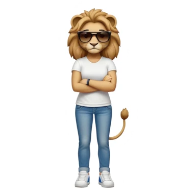 confident anthropomorphised female lion, full body, arms folded, wearing jeans, white t-shirt, dark sunglasses, trainers, looking determined sticker