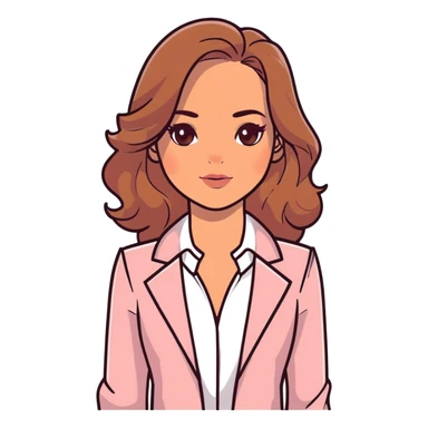 A 30-year-old woman with tanned skin, light brown long wavy hair, delicate face, almond-shaped eyes with smoky foxy eye makeup, brown eyes, wearing a light pink blazer and white satin cowl neck blouse with thin straps sticker