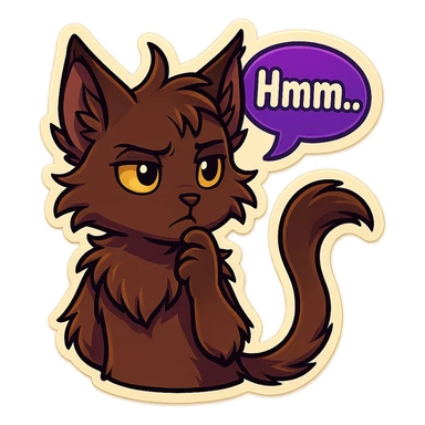 a dark-brown fluffy cute kawaii anthropomorphic furry anime cat-furry with tufted ears, golden eyes, and a long thin tufted tail, thinking, frowning thoughtfully, saying “Hmm..” with a purple speech bubble, (cartoon style) (cute anime style) (furry style) (deviantArt style) (artist style: Kamirah) sticker