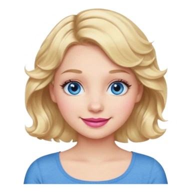 Girl Blonde short wavy hair,  blue eyes, cute blue top, long lashes, pink lips, 👄 smiling  sticker