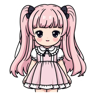 pale girl with straight long black and baby pink swirled hair with bangs, grey eyes, doll-like makeup, wearing a light pink lolita hime gyaru dress, sticker style sticker