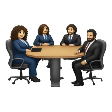 work meeting table 3 men and 4 women sitting on a table wearing suits the women have curly hair and one of the men is fat with a beard and of them is tanned with curly hair sticker