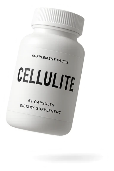 UNA BOCCETTA DI INTEGRATORE BIANCA CON LA SCRITTA "CELLULITE" SULL'ETICHETTA CHE FLUTTUA IN ARIA, IPERREALISTICA 4K sticker