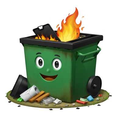 Green happy dumpster with an open black lid and a fire burning only inside it. there is litter and trash on the ground around it not burning sticker