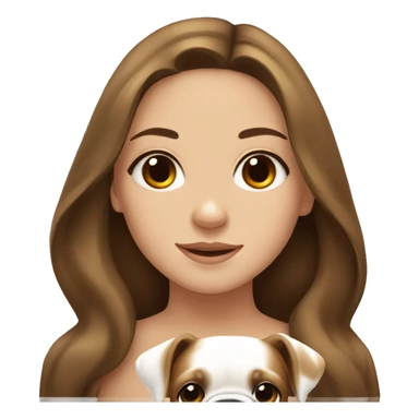 A cute girl with brown long hair and a white and beige bulldog sticker