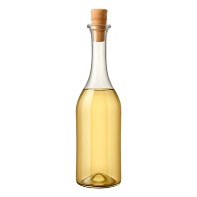 tall elegant glass bottle of pale golden white wine vinegar, smooth curves, narrow neck, light beige cork or cap, clear warm-tinted liquid visible, no label or garnish, soft lighting, emoji scale sticker