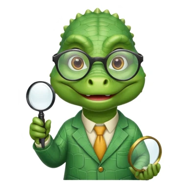 A green academic gator with a magnifying glass on a light background sticker