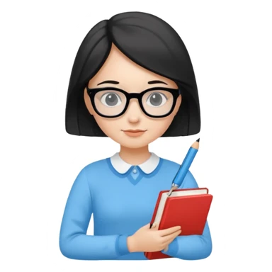 cute girl, glass, smart, Sky-blue colored clothing,
holding a book in one arm and a pen in the other hand.Holding a pen in the right hand as if teaching.Wearing black glasses, with a smart and bright-looking face. sticker