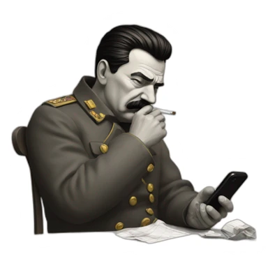 Depressed looking stalin looking at social media on phone and smoking a cigarette sticker