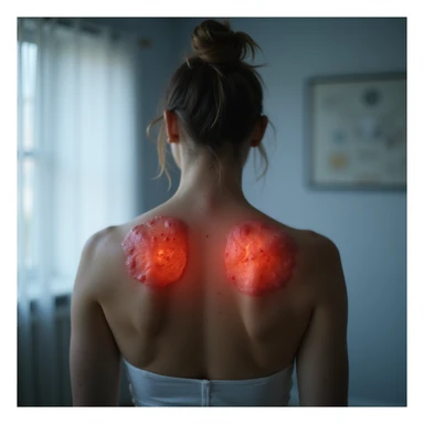 hyperrealistic 4K image of a woman seen from behind with inflamed shoulder blades, red and shiny skin between the shoulder blades, clinical environment, variant 3 with slightly changed shoulder position sticker