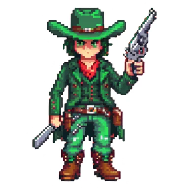 Green-clad cowboy character with revolver gun and boots sticker
