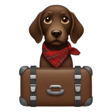 Chocolate colored doodle wearing a red and black flannel handkerchief with a carryon suitcase sticker