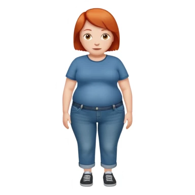 Lazy old Short woman with straight short red hair and fat tummy..wears jeams and full tahirt sticker