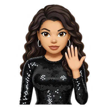 Jordin Sparks with long dark brown hair, black sequin outfit sticker