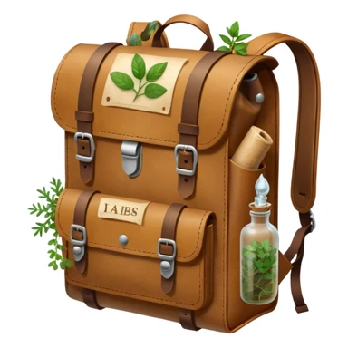 A sturdy, weathered leather backpack with metal-reinforced flaps. A rolled parchment and fresh herbs stick out from its pockets, while a small corked bottle rests at the front. It looks practical, rugged, and ready for any journey. sticker