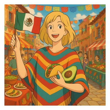 ghibli style cartoon of a tall blonde woman in a colorful poncho, smiling, holding a taco and avocado, waving a Mexico flag, festive street party background with food and decorations sticker