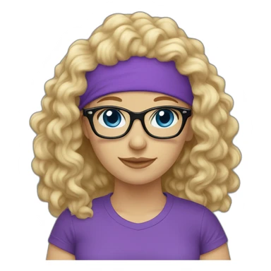 caucasian curly blonde long haired blue eyes woman purple t-shirt black glasses sticker
