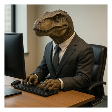 realistic dinosaur sitting on a chair, wearing a suit, using an office computer sticker