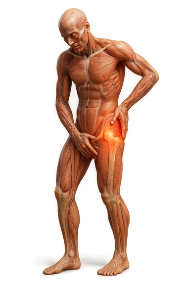 CORPO UMANO ANATOMICO A FIGURA INTERA REALISTICO CHE SI TOCCA L'ANCA INFIAMMATA, DOLORE ALL'ANCA, IPERREALISTICO 4K sticker