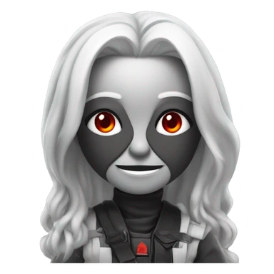 Specter, with long silver hair and red eyes, wears a revealing black and white outfit with tactical elements, striking a playful pose with a confident smirk. sticker