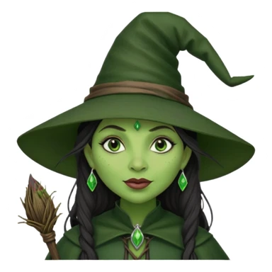 elphaba the wicked witch from wicked movie (cynthia erivo) dark long textured hair, thick lips, green skins, witch hat, witch broom sticker