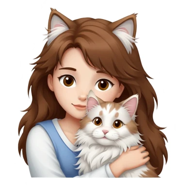 brown hair girl brown eyes hugging a white Maine Coon sticker