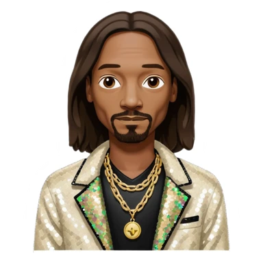 Snoop Dogg with long dark brown hair, ivory sequin jacket, black shirt with necklace sticker